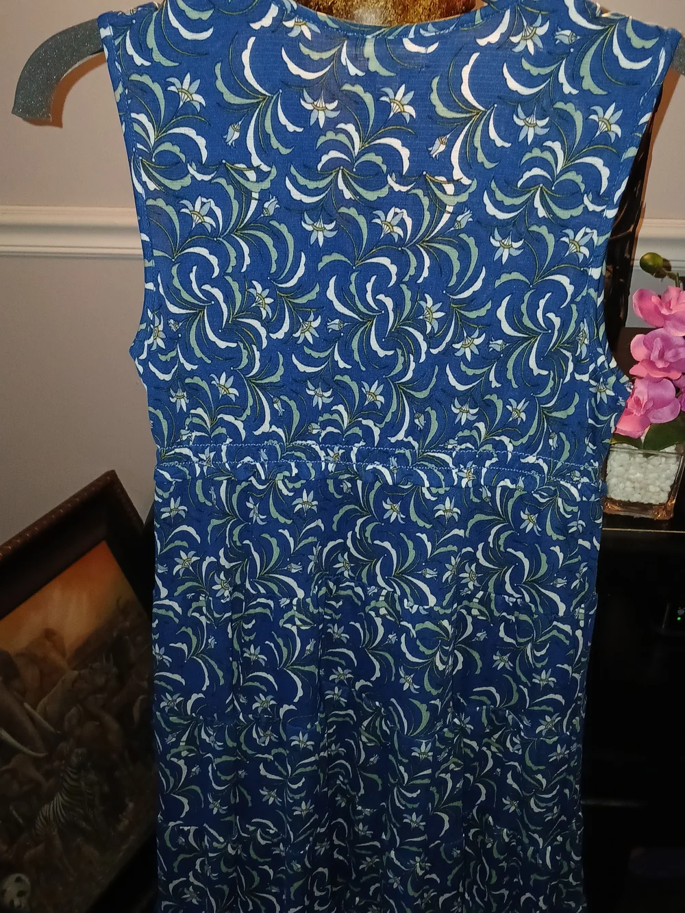 Max Studio Navy Green and White Sleeveless Floral Daisy V Neck  Dress Sz XS